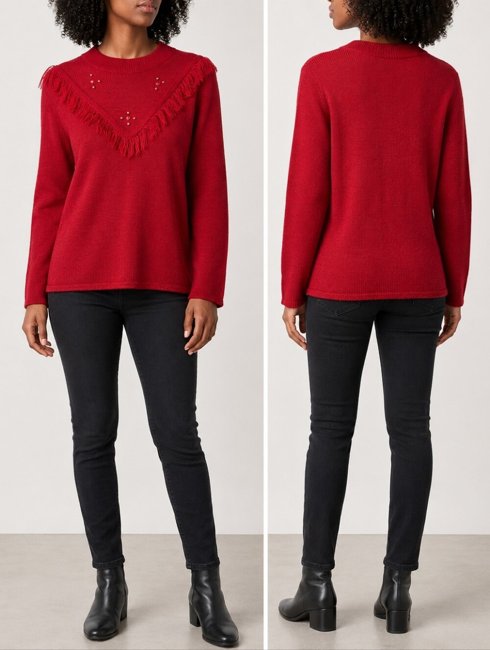 Vintage Red Wool Blend Fringe Rhinestone Yoke Sweater Made in France